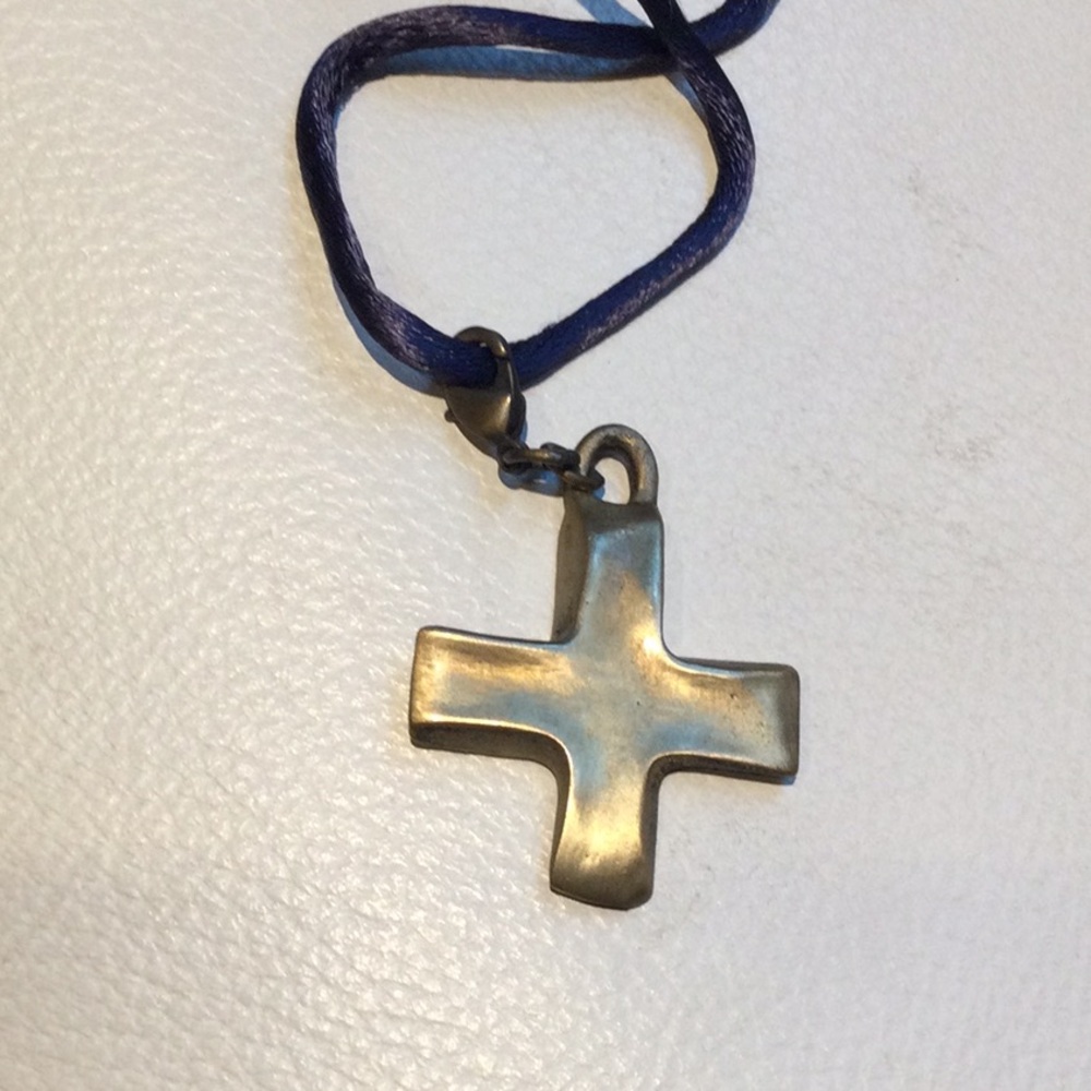 Gold Cross Pendant with Blue Cord Necklace
